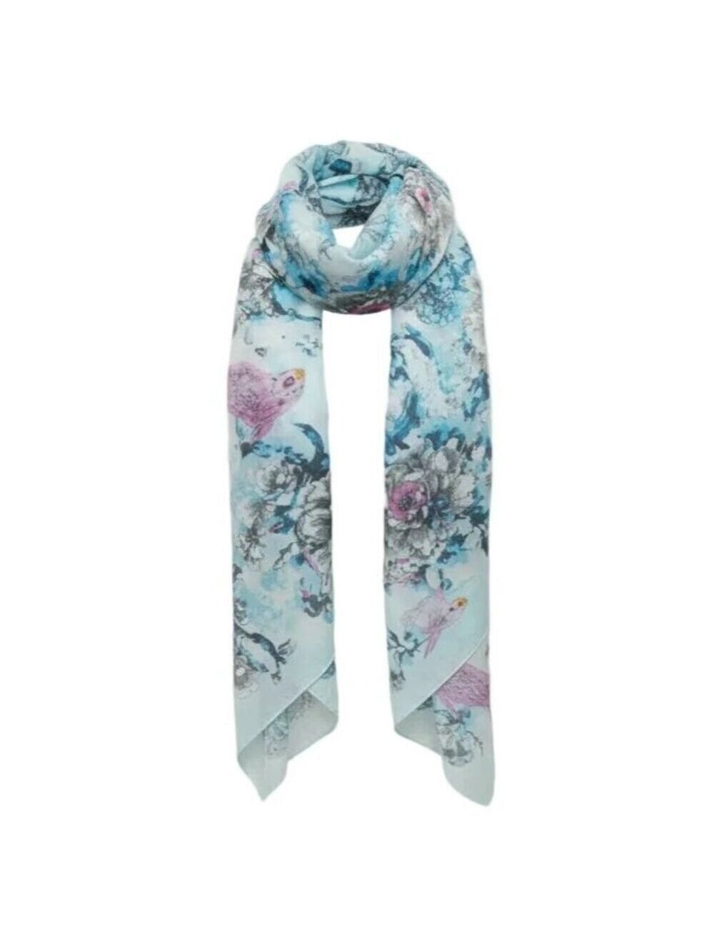 Blue Floral Bird Print Chiffon Scarf – Sheer Lightweight Wrap Shawl 62 x 19 Wome